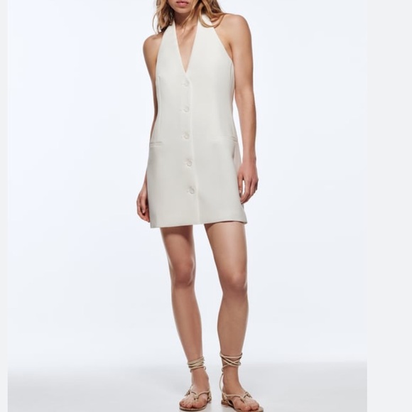 Zara White Crepe Fully Lined Lapel Tuxedo Halter Dress $89.90 - Picture 5 of 14
